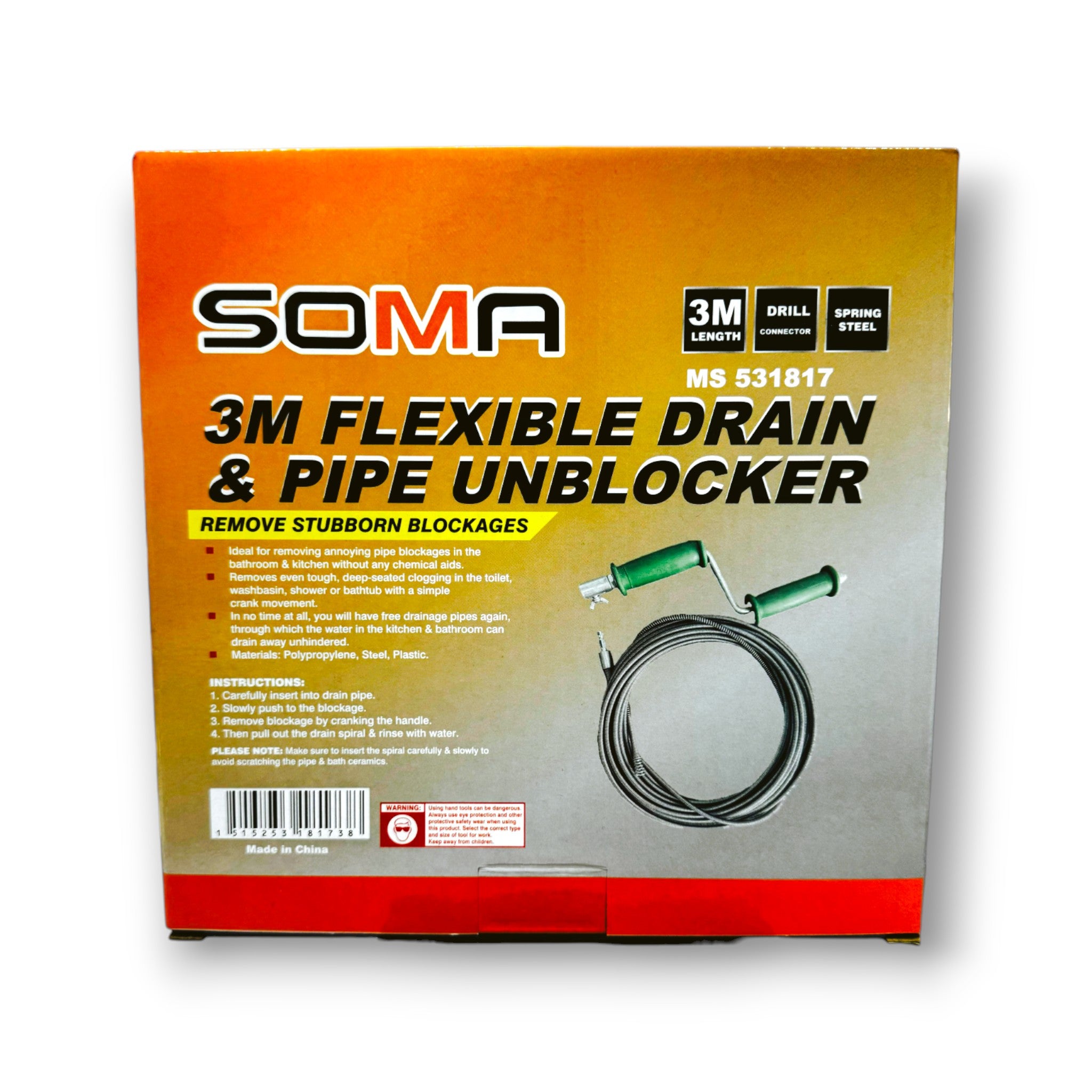 DRAIN CLEANER 3 MTR MS 531817 SOMA WITH DRILL ADOPTOR